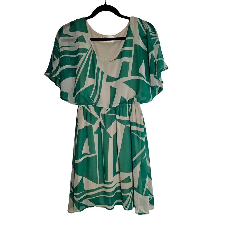 Green & Tan Geometric Print Chiffon Mini Dress S Flutter Sleeve Boho Resort Dres